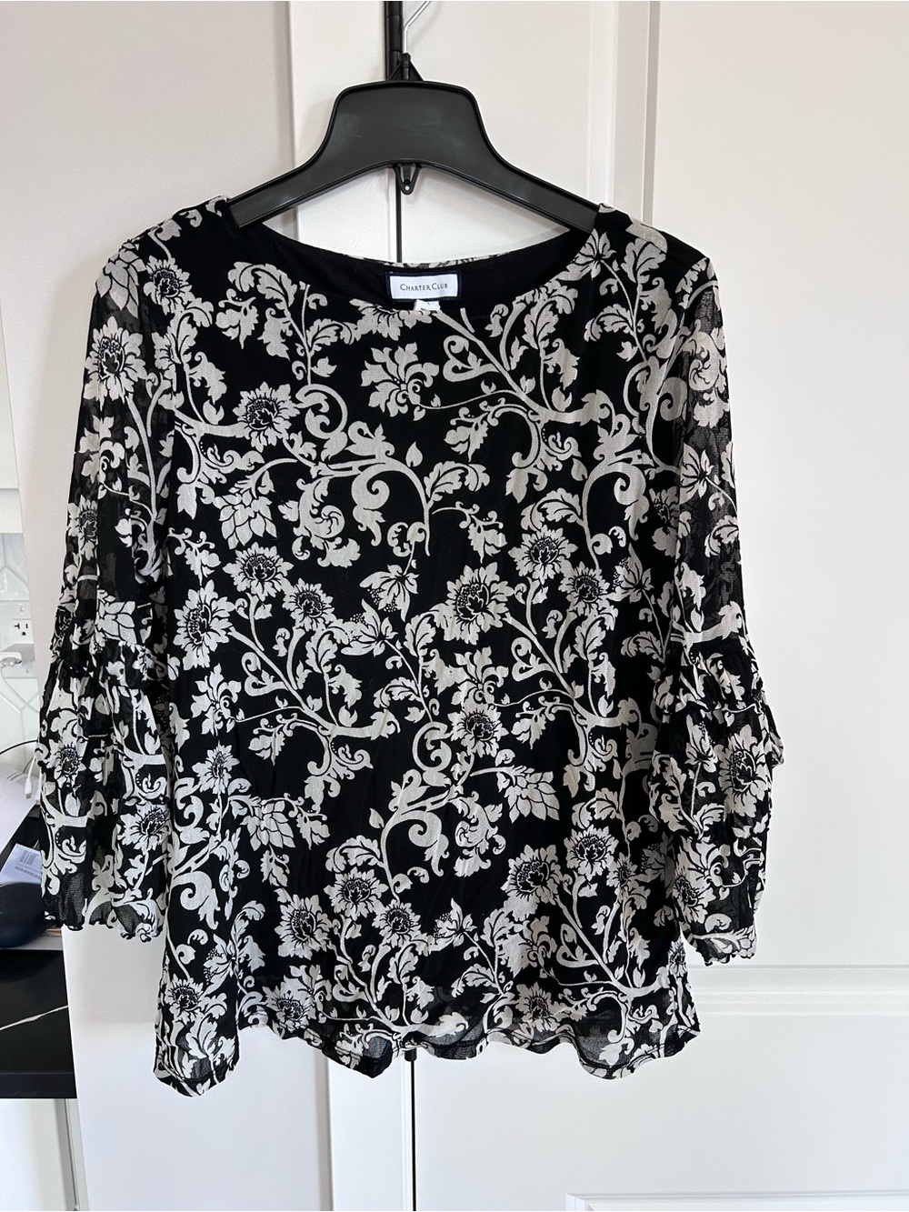 Charter Club Black White Floral Mesh Sleeve Flowy Lightweight Blouse Romantic